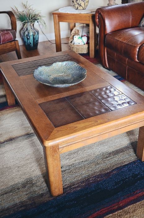 Coffee table with tiles, raku bowl,ceramic vase (rug not included in sale)