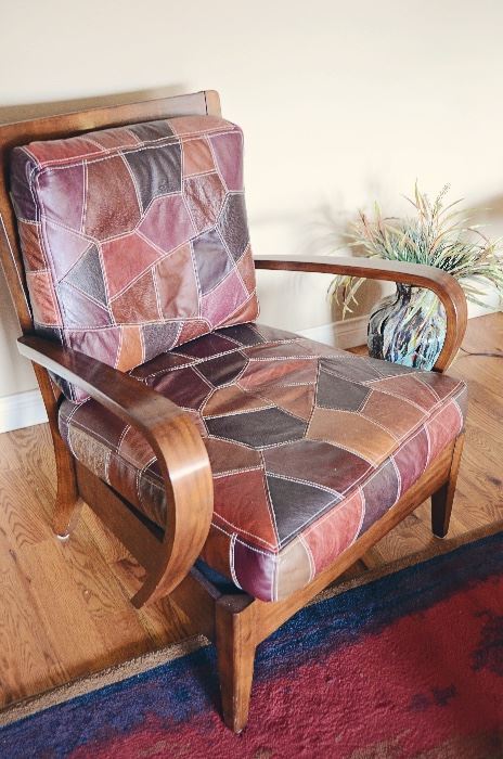 Patchwork leather danish style armchair (rug not included in sale)