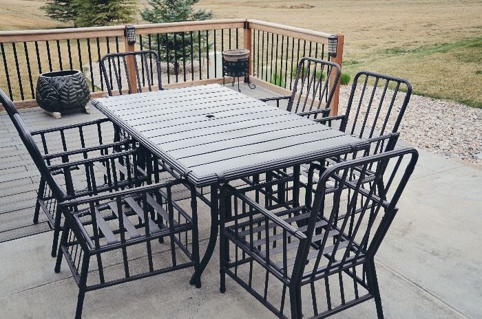 Martha Stewart Living Outdoor Long Table with 6 Chairs, Cushions & Umbrella (Cushions & Umbrella not pictured)
