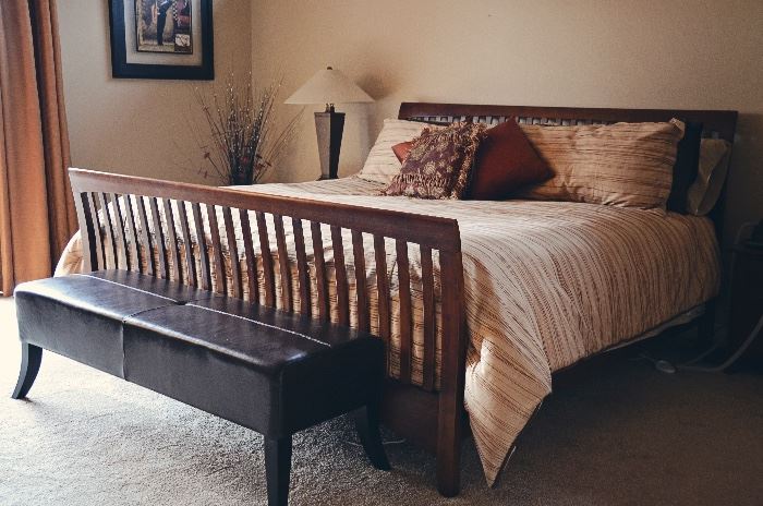 Kincaid Cherry "Gathering House" Shaker style King Size Bed with Sleep Number Mattress Model 5000 & Long Upholstered Bench