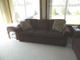 Wonderful fairly new maroon dark wine colored Lazy Boy Sofa - has matching loveseat.  Broyhill side tables.