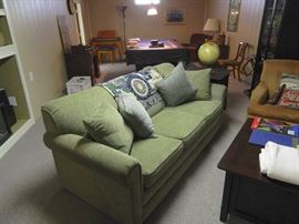 Lazy Boy England Sofa Sleeper in green chenille, dark wood coffee and side tables; CL Bailey Slate Pool Table, Vintage casual chairs and so much more!