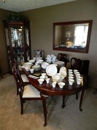 Sumter Pennsylvania Cherry Dining Set with Leaves, Pads and Bags; Cherry Mirror; and multiple sets of China