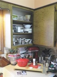 Red Kitchenade Mixer with multiple boxed accessories; Pyrex; Corelle and so much more