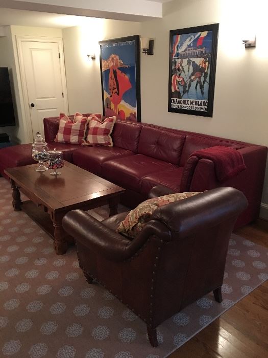 Red Leather Sofa & pair of Brown Leather Chairs 