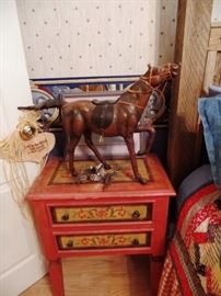 Leather toiled horse on painted nightstand, two available