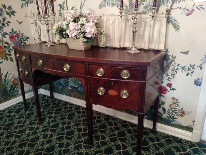 Antique English mahogany sideboard with brass curtain rail