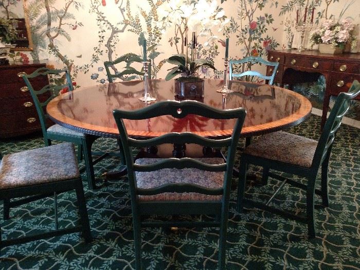 Baker Furniture Co. round dining table with set of six green painted side chairs