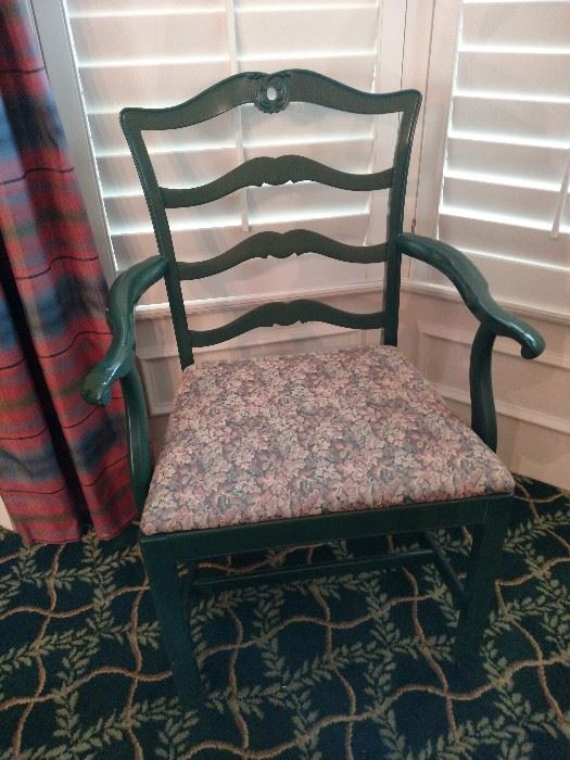 Pair of green painted armchairs companion to dining room side chairs