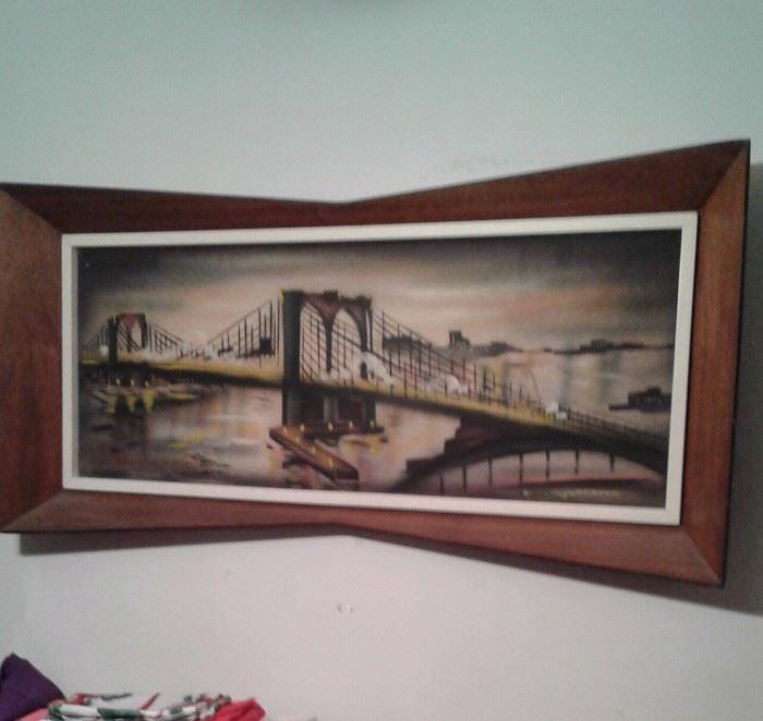 Mid cent painting of the Brooklyn Bridge 