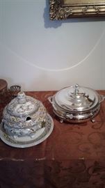 Hand painted tureen and silver plate serving piece