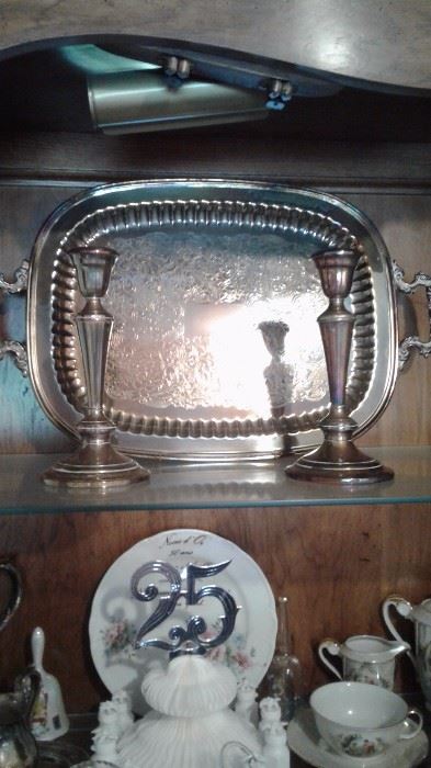 Silver plate tray and candle holders