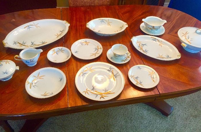Great Art Deco dinner service for 12 in stylized GOLDEN BAMBOO pattern. Many serving pieces like new condition