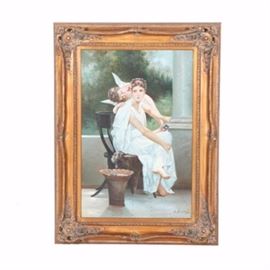 L. Mason Oil on Canvas Painting of Study After Philippe de Champaigne: An oil on canvas painting of a study of the original 17th century work by Philippe de Champaigne (1602 – 1674). This portrait depicts a beautiful young woman in a white Grecian dress being attended to by a cherub while relaxing in a garden like setting. The piece is signed “L. Mason” by the artist to the lower right corner. It is presented in a gold tone gesso frame with a wire to the verso ready to hang.