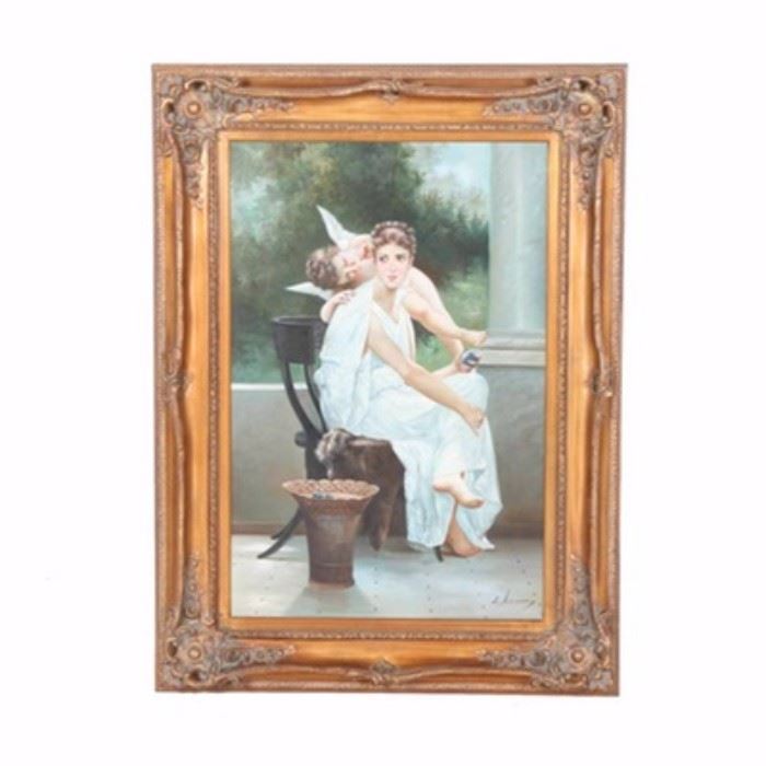 L. Mason Oil on Canvas Painting of Study After Philippe de Champaigne: An oil on canvas painting of a study of the original 17th century work by Philippe de Champaigne (1602 – 1674). This portrait depicts a beautiful young woman in a white Grecian dress being attended to by a cherub while relaxing in a garden like setting. The piece is signed “L. Mason” by the artist to the lower right corner. It is presented in a gold tone gesso frame with a wire to the verso ready to hang.