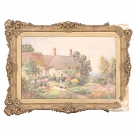 19th Century Thomas Noel Smith Gouache Painting of Landscape: An original 19th century gouache painting on paper by Thomas Noel Smith (1840-1900). This work depicts a home in a countryside setting with lush trees and colorful flowers on the land with a mother and her child walking toward the home. The piece is signed to the lower right corner. It is presented in a gold tone gesso and wood frame with string to the verso for hanging.