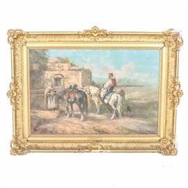 Ugo Mario Original Oil on Canvas "Pursuit of Tartars": An original oil on canvas titled Pursuit of Tartars by Ugo Mario. This realistic work in muted tones of tan, sand, green, and blue depicts two men in medieval Moorish style robes resting their horses in an arid courtyard in front of a modest domed building. The piece is signed by the artist to the lower right. It is presented in a gold tone gesso frame featuring a plaque to the bottom center reading “Pursuit of Tartars H. Brandt”. There is a wire for hanging and a framer’s label to the verso.