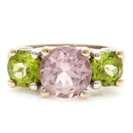 14K White Gold Morganite and Peridot Ring: A 14K white gold morganite and peridot ring.