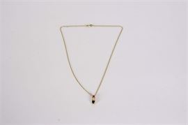 14K Gold Pendant Necklace with Gemstones: A 14K yellow gold pendant necklace with three synthetic gemstones made of Ruby, Sapphire and Cubic Zirconia.
