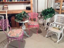 Garden furniture including vintage metal chairs