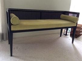 Stunning MCM upholstered bench/settee with caning and gold trim