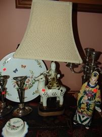 Antique Chinese porcelain figures and pair sterling silver candle sticks