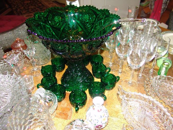 Green Glass punch bowl and cups