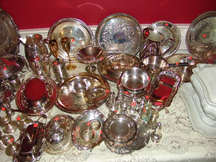 Silver plate and SS salt and pepper shakers and other SP  serving pieces