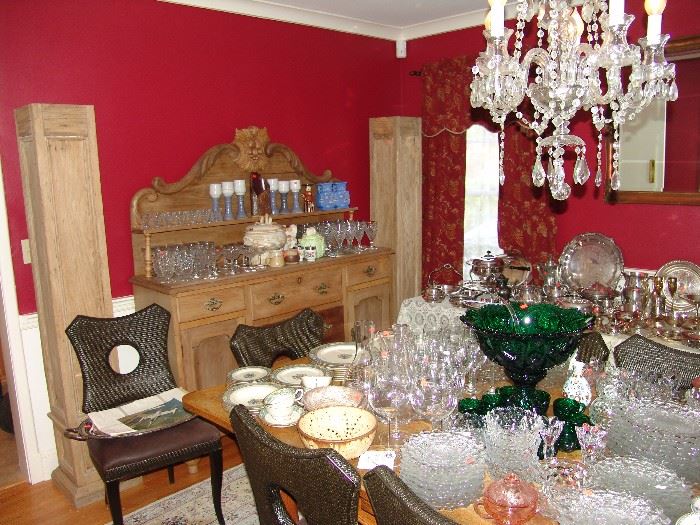 Dining room with Country French sideboard, much American Fosteria stemware and glass wares, green glass punch bowl and cups