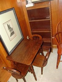 Child's table and 4 chairs and wood etergere