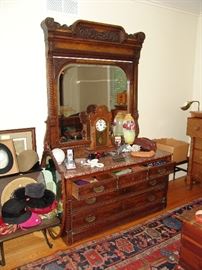 Matching Edwardian walnut and marble top dresser with large mirror, circa 1900