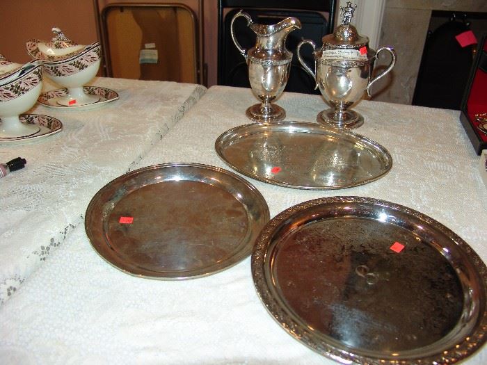 Sterling silver trays and large creamer and sugar