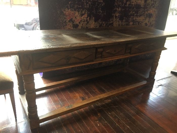 Rare 18th century solid hand carved table, over 8 feet in length, wonderful piece, a must see in person