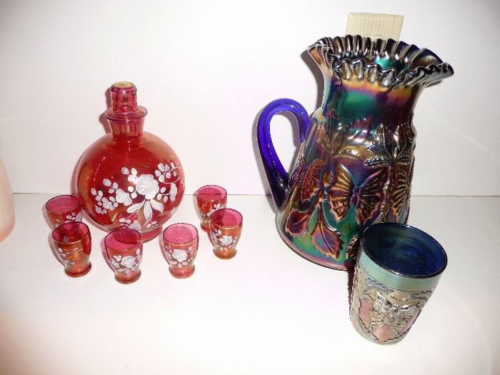 blue carnival " Butterfly" Pitcher and glass  / thin red cranberry  set