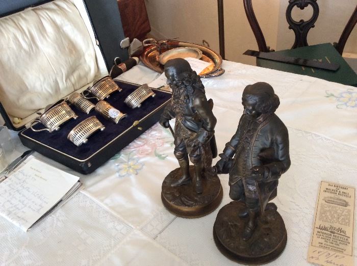 Bronzes of Voltaire & Rousseau.  Sterling/cobalt salt set