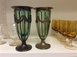 Silver holders blue green glass