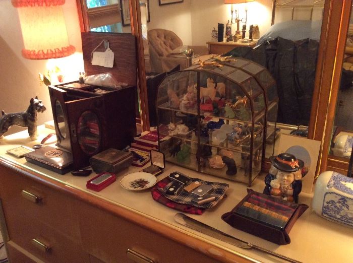 Dresser with antique tobacco chest, etc