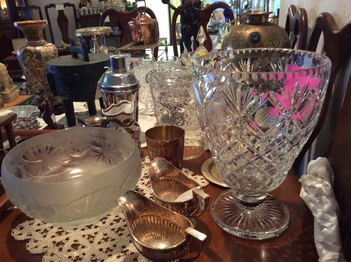 Pretty glass, old silver plate sauce boats