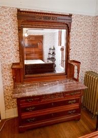 SOLD--Lot #103, Antique Victorian Dresser / Chest of Drawers w/ Mirror & Candle Stands, marble top has some cracks, (54" L x 22-3/4" W x 86" H), $800