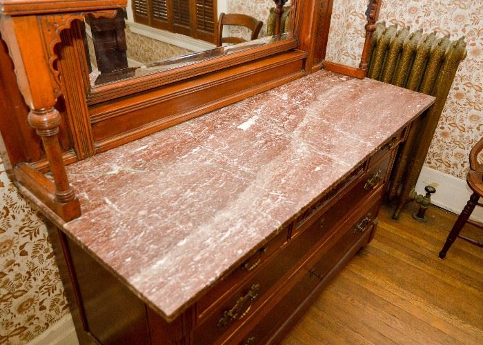 SOLD--Lot #103, Antique Victorian Dresser / Chest of Drawers w/ Mirror & Candle Stands, marble top has some cracks, (54" L x 22-3/4" W x 86" H), $800