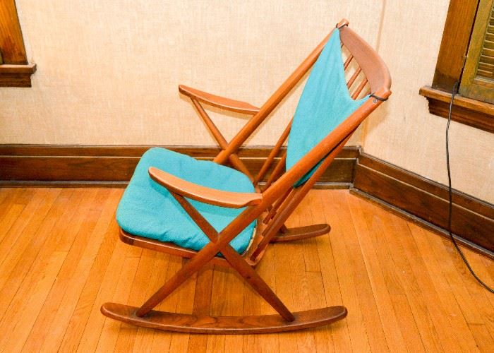 SOLD--Lot #105, Mid Century Modern Frank Reenskaug for Bramin Danish Teak Rocking Chair, (26" W x 31" Deep x 34" H), $600
