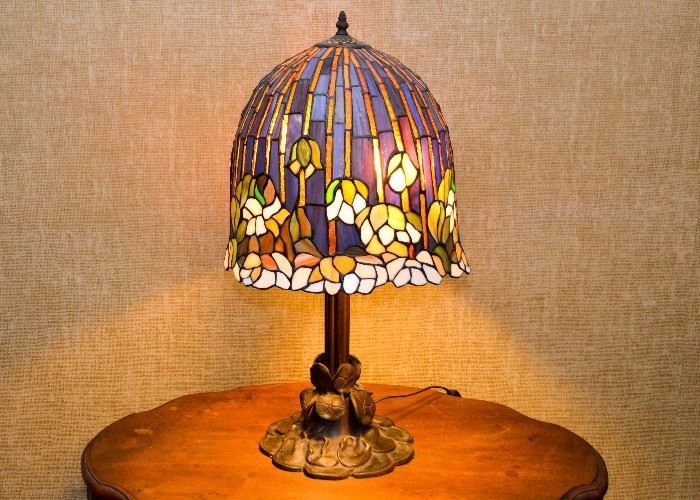 BUY IT NOW!  Lot #109, Tiffany Style Stained Glass Tulip Table Lamp, Resin Shade (26"H), $250