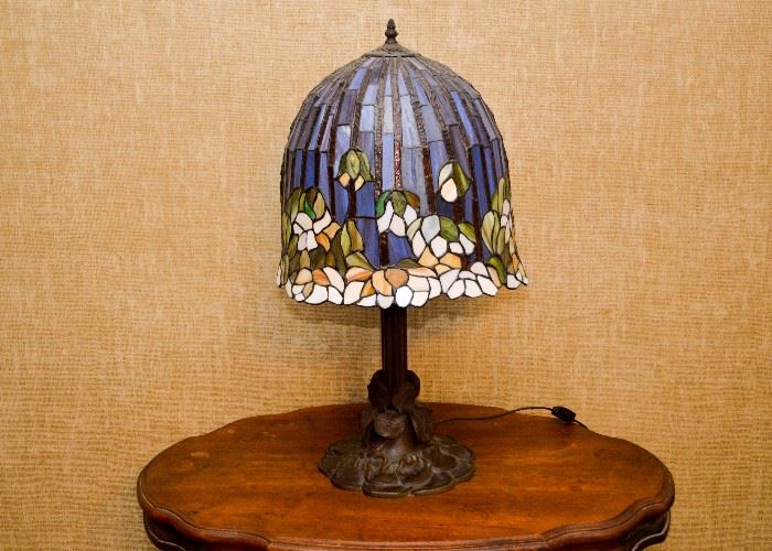 BUY IT NOW!  Lot #109, Tiffany Style Stained Glass Tulip Table Lamp, Resin Shade (26"H), $250