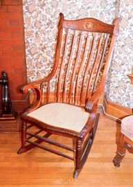 BUY IT NOW!  Lot #117, Antique Oak Carved Rocking Chair with Green Man Face & Rush Seat, (24-1/2" W x 33" Deep x 45" H, Seat is 17" H), $300