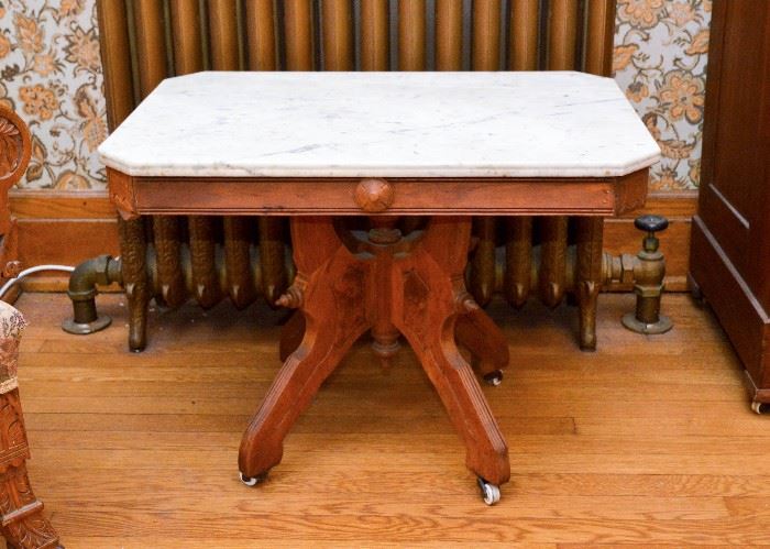 SOLD--Lot #120, Antique Victorian Low Table with Marble Top, (28" L x 20" W x 21" H), $120