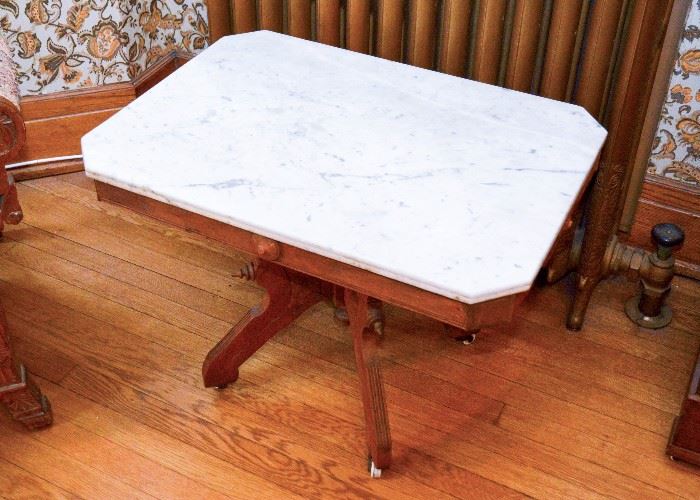 SOLD--Lot #120, Antique Victorian Low Table with Marble Top, (28" L x 20" W x 21" H), $120