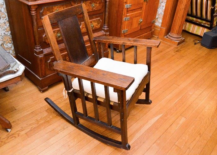 BUY IT NOW!  Lot #123, Antique Oak Mission Rocking Chair, (28-1/2" W x 32-1/2" Deep x 33-1/4" H, Seat is 20" H with Cushion), $250