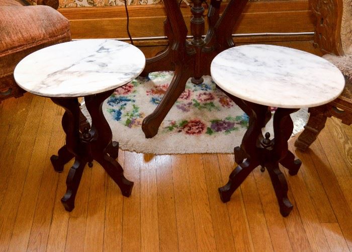 SOLD--Lot #124, Pair of Antique Accent Tables / Plant Stands with Marble Tops, (Each is 15-1/2" L x 12-1/2" W x 18-3/4" H), $90