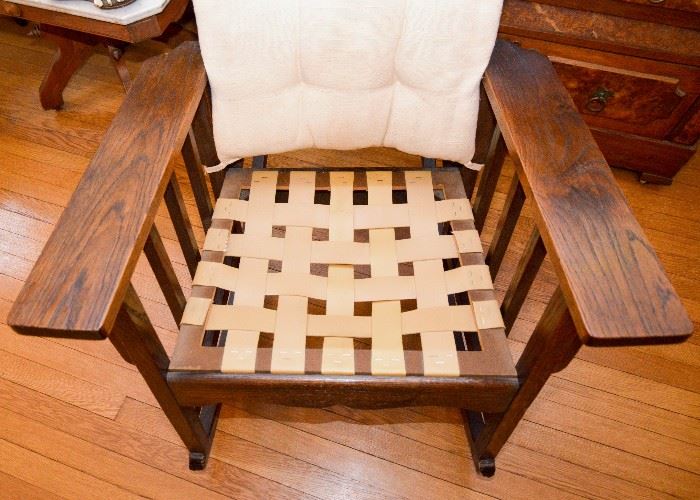 BUY IT NOW!  Lot #123, Antique Oak Mission Rocking Chair, (28-1/2" W x 32-1/2" Deep x 33-1/4" H, Seat is 20" H with Cushion), $250
