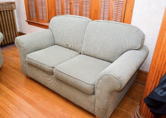 BUY IT NOW!  Lot #125, Contemporary Sage Green Sofa / Loveseat, (Approx. 64" L x 37-1/2" Deep x 36" H, Seat is 18-1/2"H), $250